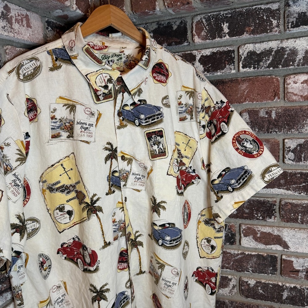 Vintage Big Dogs Old Hawaii Memorabilia All Over Print Button Down Polo Shirt